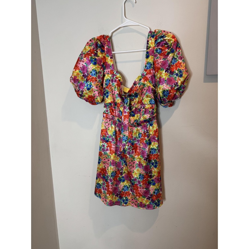 For Love &‎ Lemons Dress Womens Small Floral Puff Sleeve Mini Satin Lace Up Back - Picture 2 of 10